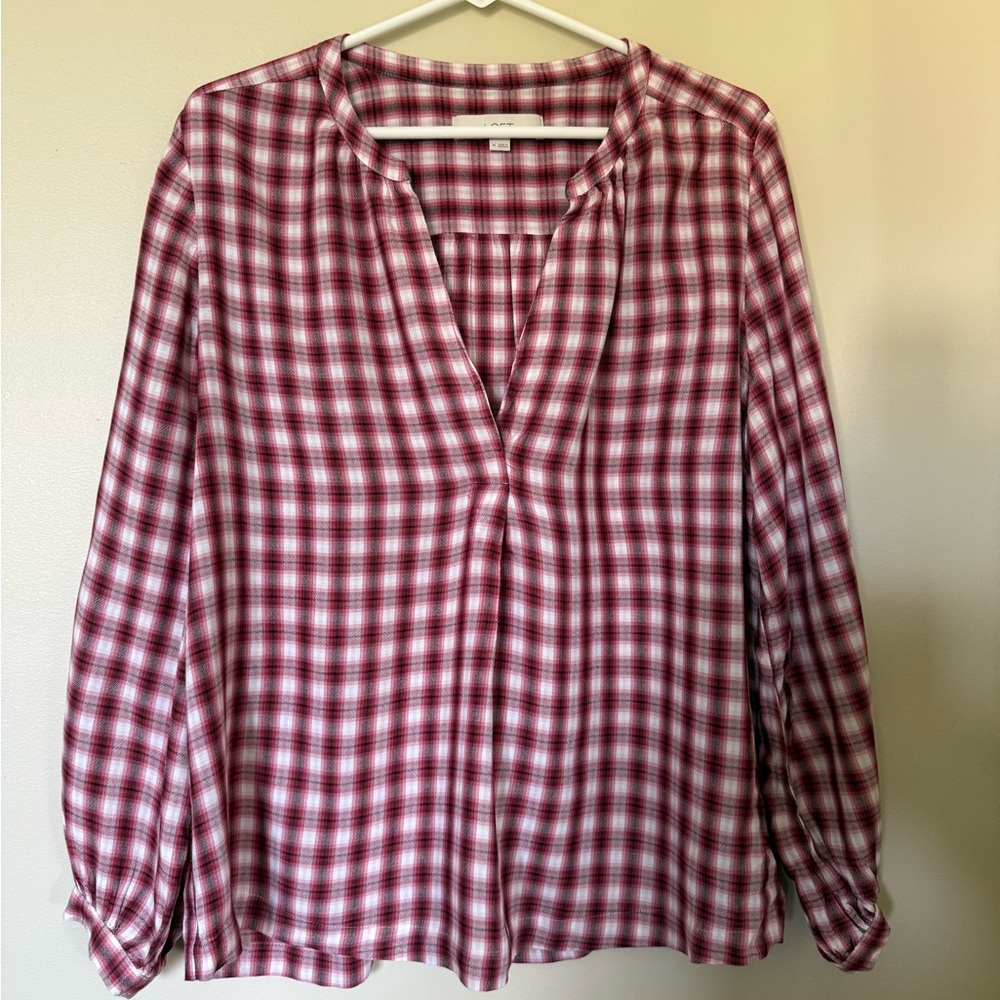 LOFT Red and White Relaxed Blouse with Cuffed Sleeves